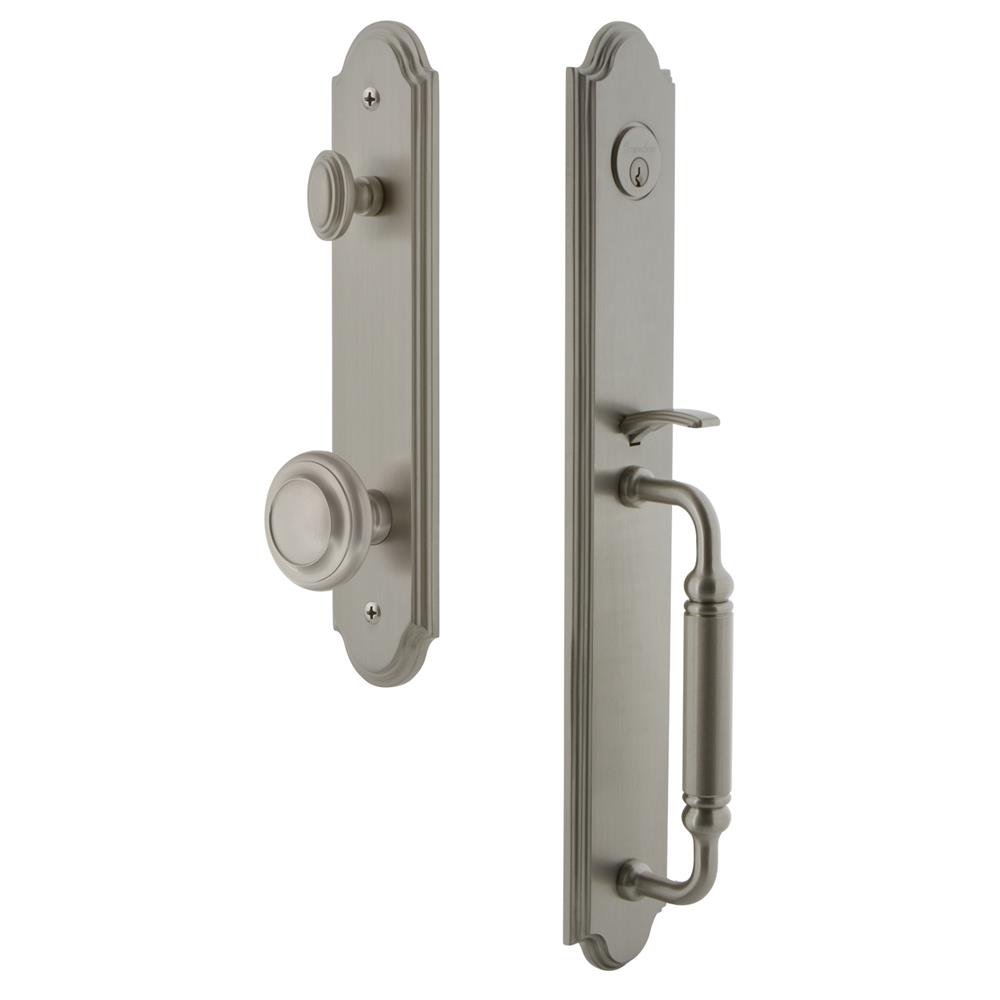 Grandeur by Nostalgic Warehouse ARCCGRCIR Arc One-Piece Handleset with C Grip and Circulaire Knob in Satin Nickel